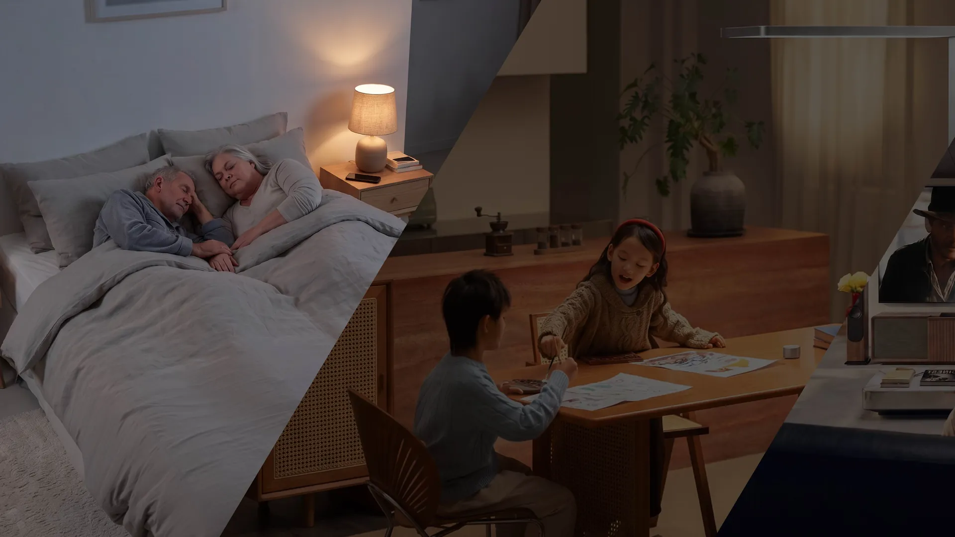 Ba không gian trong một ngôi nhà buổi tối - phòng ông bà đang sáng đèn ngủ ấm